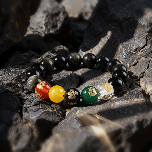 Five Wealth Gods Prosperity Bracelet – Black & Red Agate